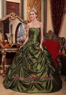 Olive Green Taffeta Beading and pick-ups Sweet 16 Dresses