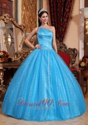 One Shoulder Blue Quinceanera Dress Tulle and Taffeta Beading