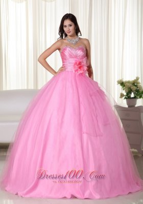Pink Gown Tulle Beading Quinceanera Dress Handmade Flowers