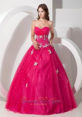 Coral Red Tulle Appliques and Beading Dress for Quinceaneras