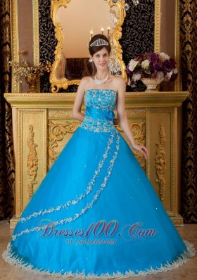 Blue Ball Gown Tulle Lace Appliques Quinceanera Dress