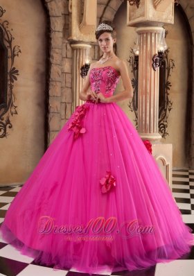 Hot Pink Quinceanera Dress Satin and Tulle Beading Flowers