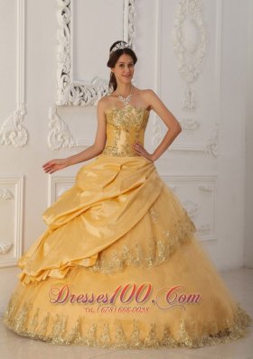 A-Line Beaded Gold Quinceanera Dress Taffeta and Organza