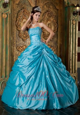 Strapless Teal Taffeta Appliques Quinceanera Gown Dresses