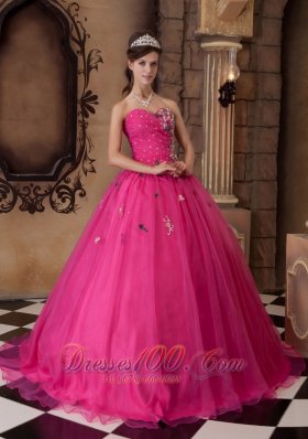 Hot Pink A-line Quinceanera Dress Organza With Beading
