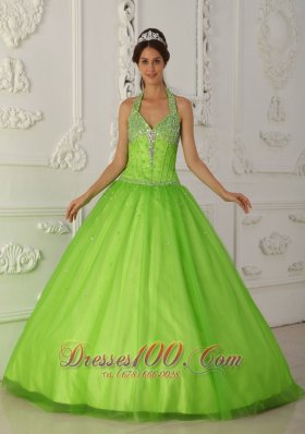 Halter Spring Green A-line Quinceanera Dress Tulle Beading