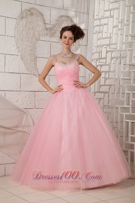 Straps Pink Ball Gown 15 Quinceanea Dress Tulle Beading