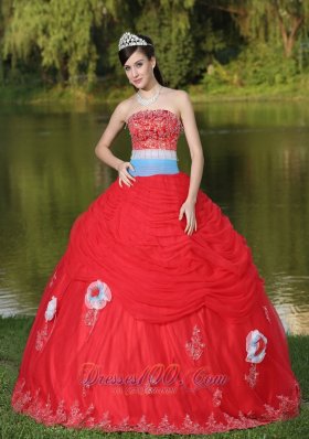 Tulle Red Quinceanera Dress for Girl With Flower Beaded