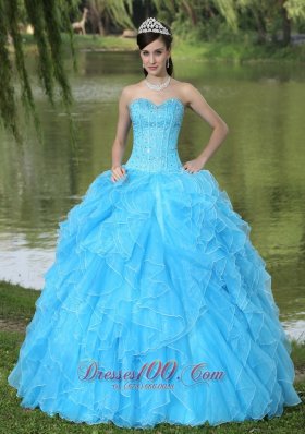 Ruffles Beaded Layered Aqua Blue Designer Quinceanera Dress