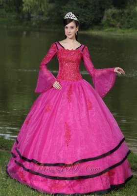 V-neck Long Sleeves Appliques Fushsia Quinceaneras Dress