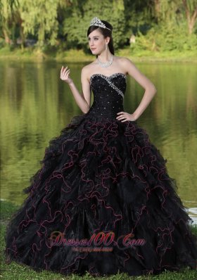 Beaded Ruffle Layers Black Ball Gown for Quinceanera