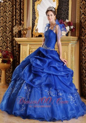 Spaghetti Straps Blue Flowers Organza Sweet 16 Dress