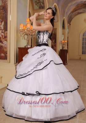 New White Organza Black Embroidery Sweet 16 Dress