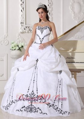 White Taffeta Black Embroidery Beading Sweet 16 Dress