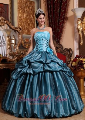 Blue Hand Made Flower Taffeta Quinceanera Dress Pick-ups