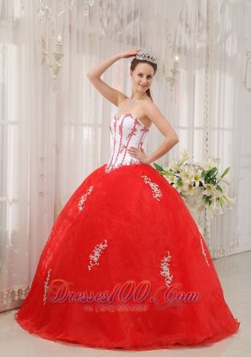 White and Red Appliques Sweetheart Floor-length Sweet 15 Dress