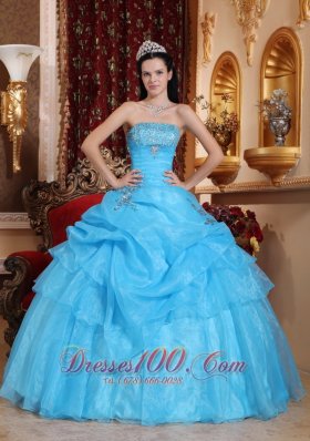 Aqua Blue Organza Beading Pick-ups Strapless Quinceanera Dress