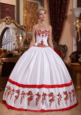 White Quinceanera Dress Red Appliques Taffeta Sweetheart