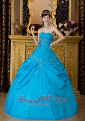 Blue Appliques Taffeta Floor-length Quinceanera Dress