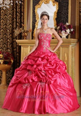 Hot Pink Appliques Bead Strapless Quinceanera Dress