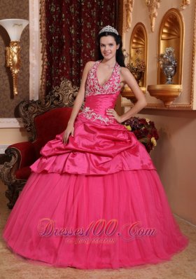 Hot Pink Appliques Beading Floor-length Quinceanera Dress