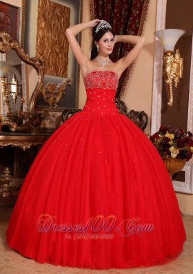 Red Beading Strapless Floor-length Sweet 16 Dress Designer