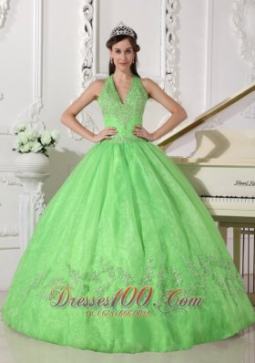 Spring Green Taffeta Organza Halter Sweet 16 Dress