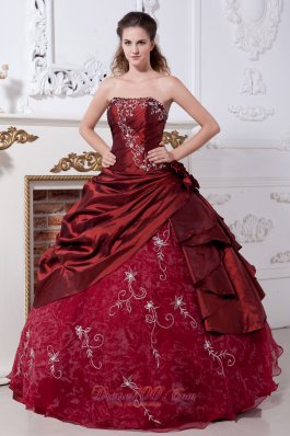 Wine Red Taffeta Organza Embroidery Quinceanera Dress