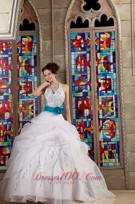 White Halter Bead Blue Sash Quinceanea Dress for Sweet 16