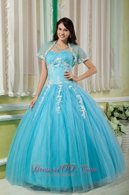 Cheap Aqua Appliques Quinceanea Dress Floor-length