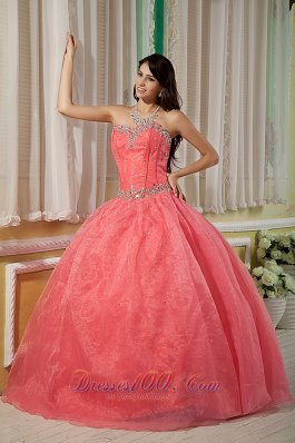 Watermelon Beading Floor-length Quinceanera Dress