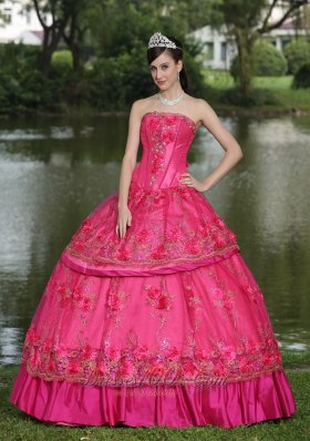 Hot Pink Hand Flowers Taffeta Strapless Quinceanea Dress