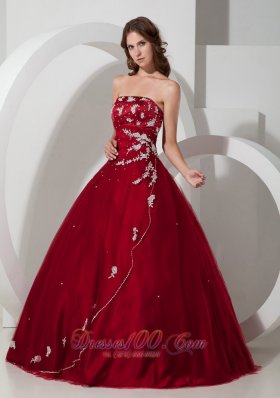 Wine Red Strapless Quinceanea Dress Satin Tulle Appliques