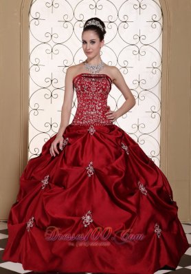 Wine Red Pick-ups Embroidery Strapless Quinceanea Dress