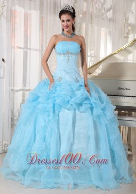 Baby Blue Strapless Ball Gown Bead Quinceanea Dress