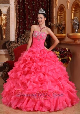 Hot Pink Bead Appliques Ruffles Strapless Quinceanea Dress