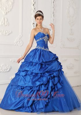 Blue A-Line Appliques Quinceanea Dress Beading Pick- Ups