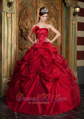 Red Quinceanera Dress Beading Hand Flowers Strapless