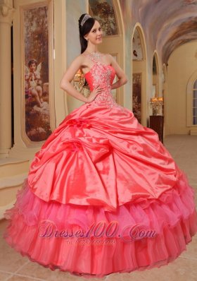 One Shoulder Coral Red Quinceanera Dress Ruffles