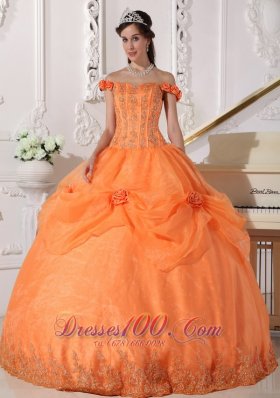 Off Shoulder Orange Quinceanera Dress Appliques Hand Flowers