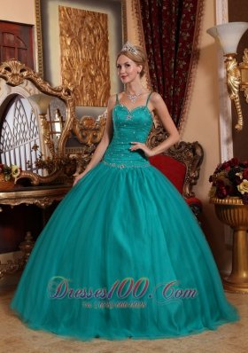 Teal Spaghetti Straps Quinceanera Dress Under 200 Beading