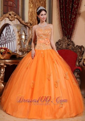 Orange Tulle Quinceanera Dress Appliques Sash