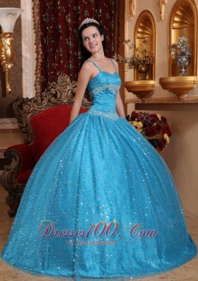 Blue Spaghetti Straps Sequined Bead Quinceanera Dress Appliques