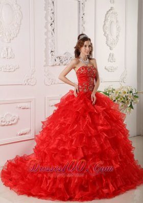 Informal Red Quinceanera Dress Organza Ruffles