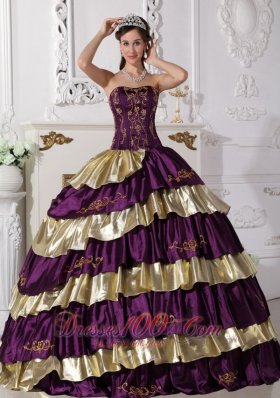 Purple and Gold Quinceanera Dress Strapless Taffeta Embroidery