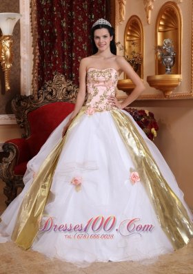 White Quinceanera Dress Strapless Organza Beading Appliques