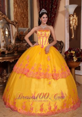 Yellow Quinceanera Dress Strapless Organza Lace Appliques