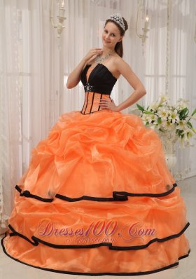 Pretty Orange Black Quinceanera Dress Strapless Satin