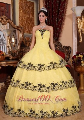 Yellow Quinceanera Dress Strapless Organza Lace Appliques