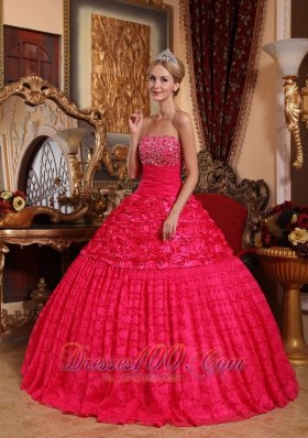 Red Quinceanera Dress Strapless Roling Flowers Beading